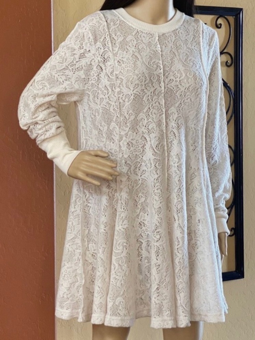 Free People Chamoix Lace Swing Long-Sleeve Dress in Ivory